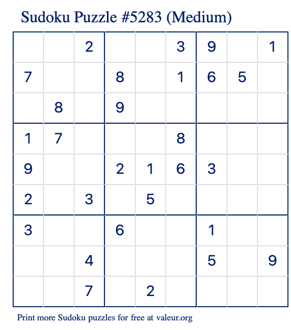 Free Printable Medium Sudoku Puzzle number 5283