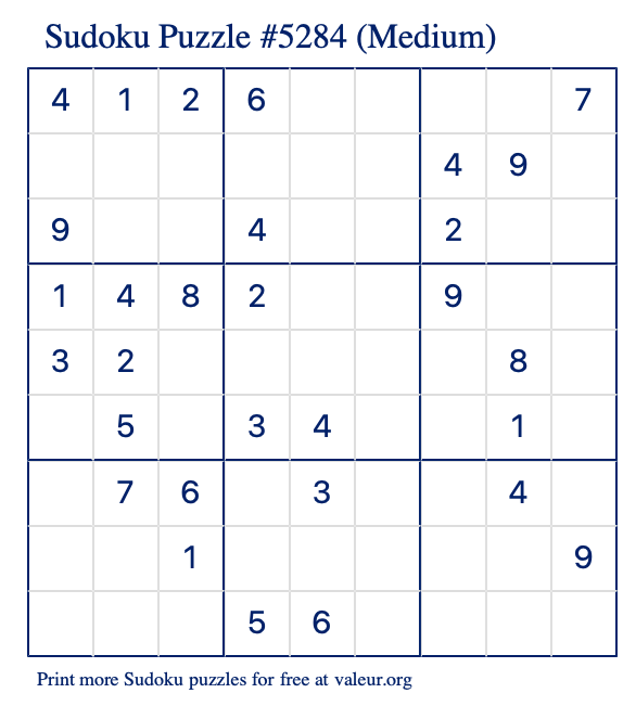 Free Printable Medium Sudoku Puzzle number 5284