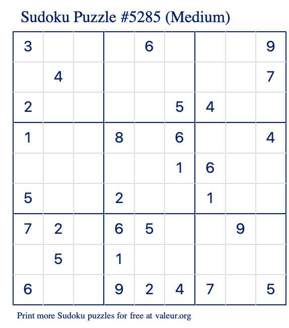 free printable medium sudoku with the answer 5285