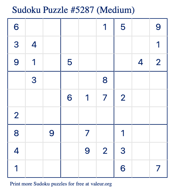 Free Printable Medium Sudoku Puzzle number 5287