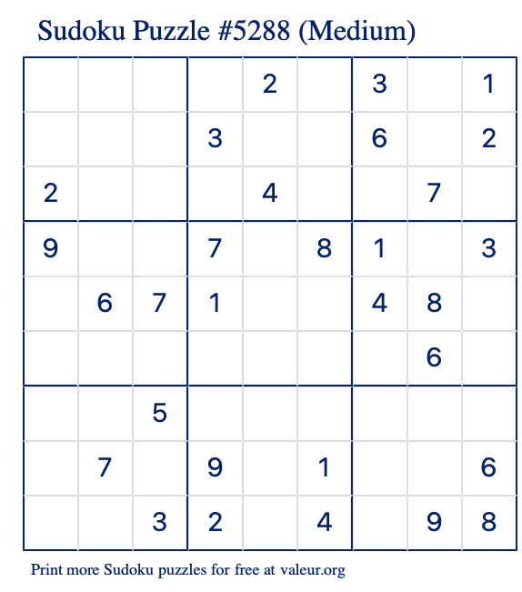 Free Printable Medium Sudoku Puzzle number 5288