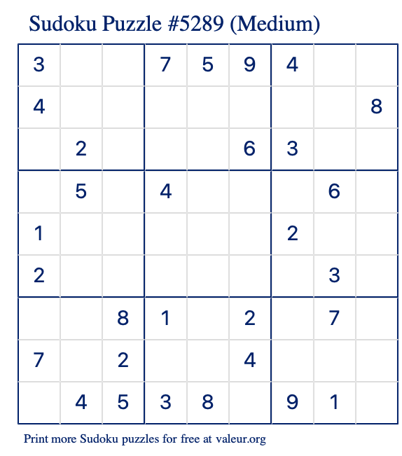 Free Printable Medium Sudoku Puzzle number 5289