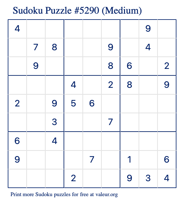 Free Printable Medium Sudoku Puzzle number 5290