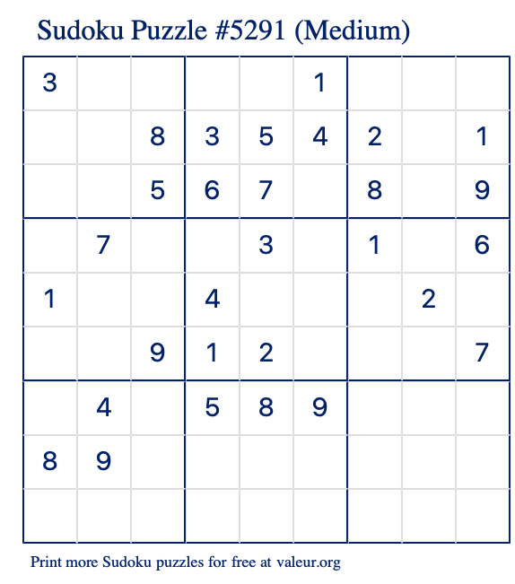 Free Printable Medium Sudoku Puzzle number 5291