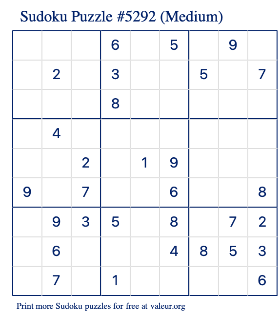 Free Printable Medium Sudoku Puzzle number 5292