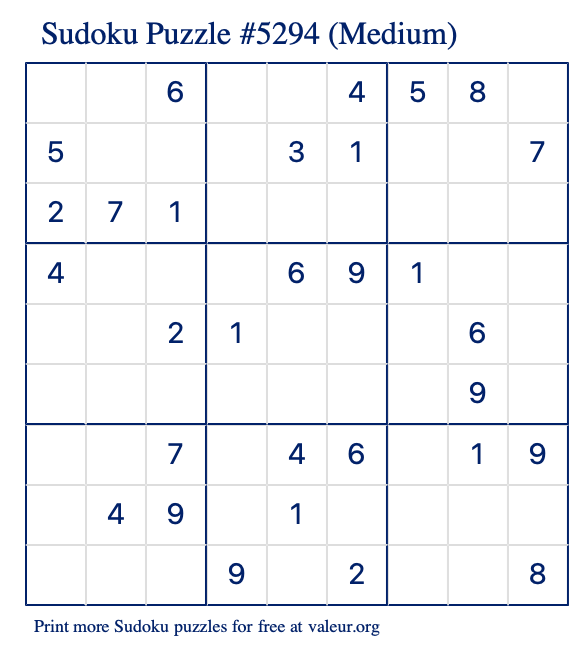 Free Printable Medium Sudoku Puzzle number 5294