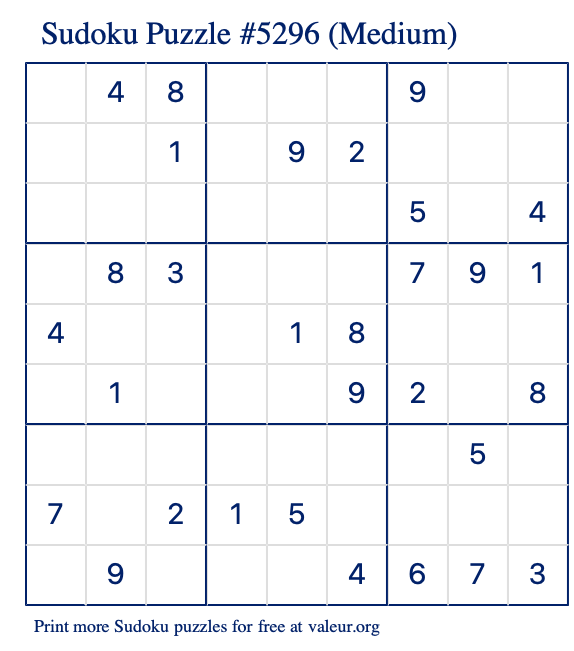 Free Printable Medium Sudoku Puzzle number 5296