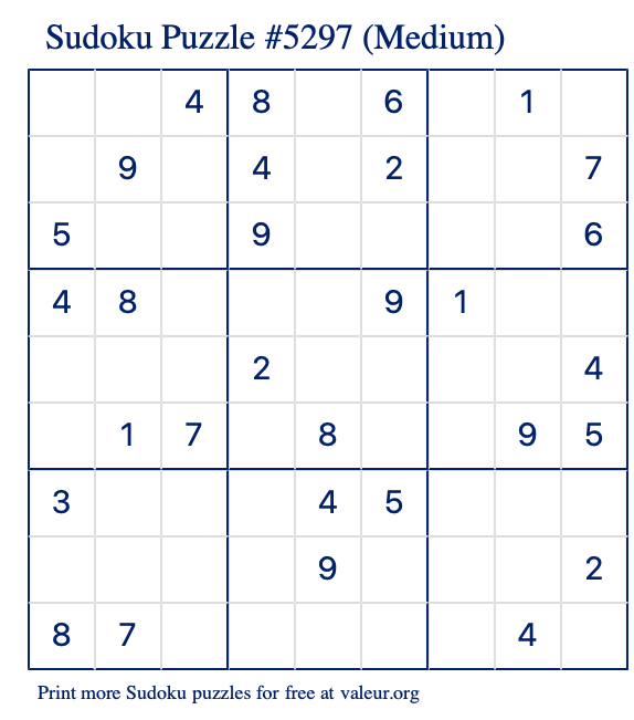 Free Printable Medium Sudoku Puzzle number 5297