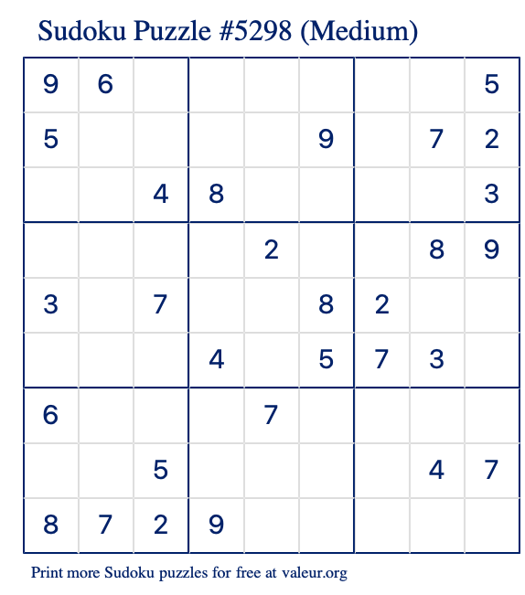 Free Printable Medium Sudoku Puzzle number 5298