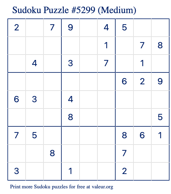 Free Printable Medium Sudoku Puzzle number 5299