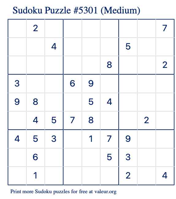 Free Printable Medium Sudoku Puzzle number 5301