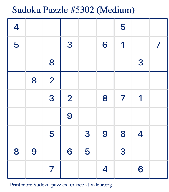 Free Printable Medium Sudoku Puzzle number 5302