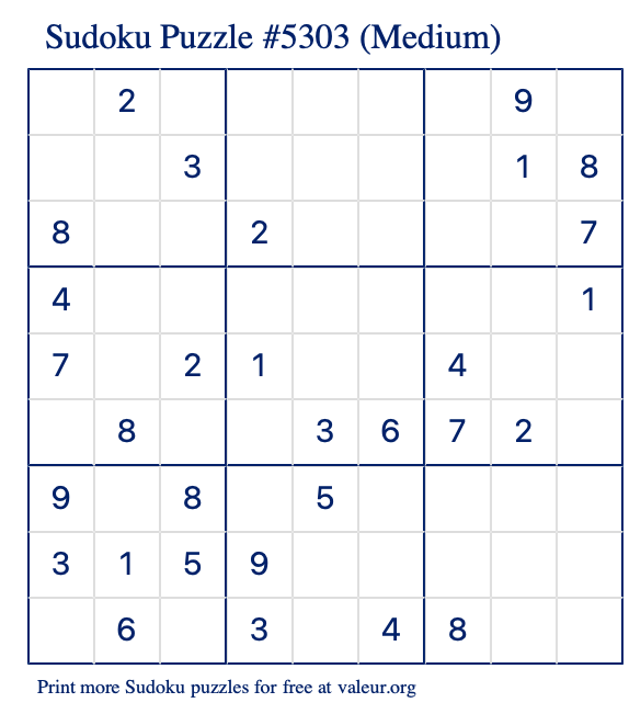 Free Printable Medium Sudoku Puzzle number 5303