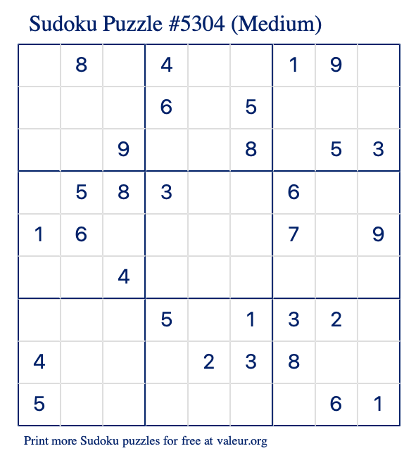 Free Printable Medium Sudoku Puzzle number 5304