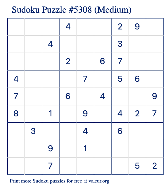 Free Printable Medium Sudoku Puzzle number 5308