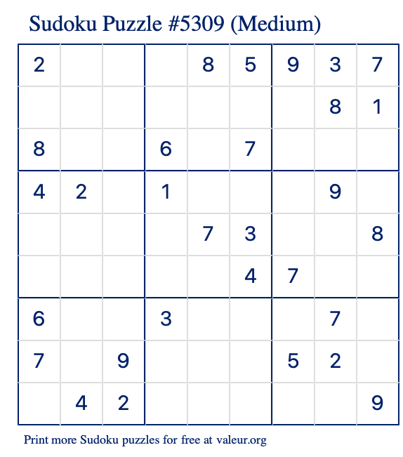 Free Printable Medium Sudoku Puzzle number 5309