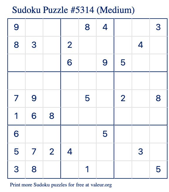 Free Printable Medium Sudoku Puzzle number 5314