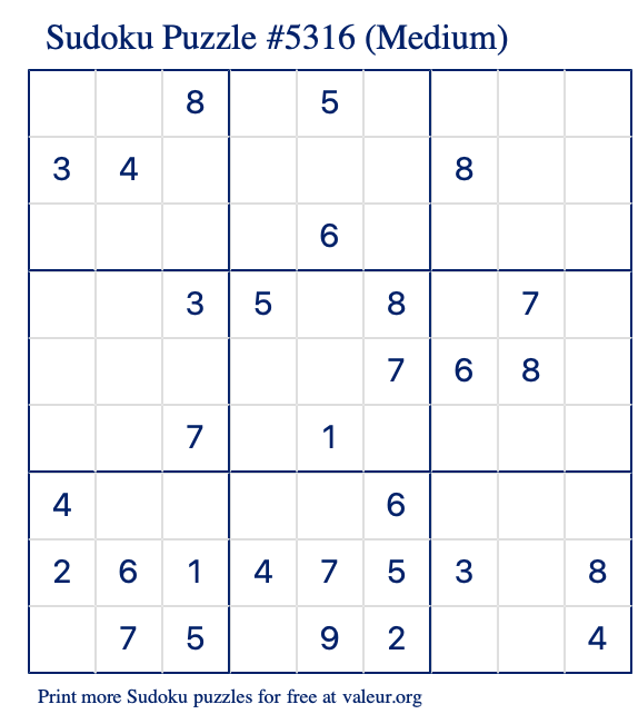 Free Printable Medium Sudoku Puzzle number 5316