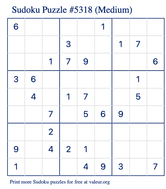 Free Printable Medium Sudoku Puzzle number 5318