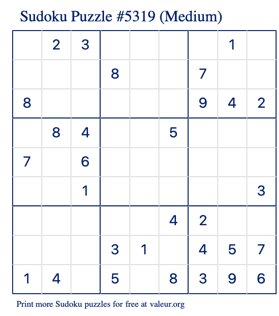 Free Printable Medium Sudoku Puzzle number 5319