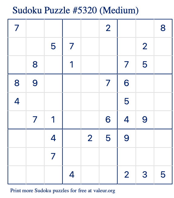 Free Printable Medium Sudoku Puzzle number 5320