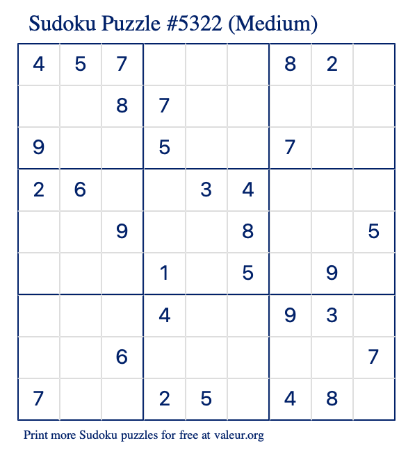 Free Printable Medium Sudoku Puzzle number 5322