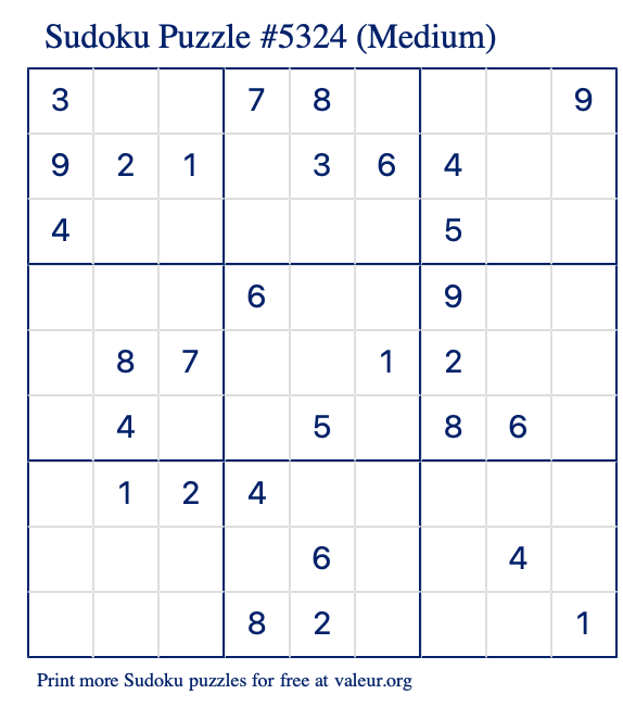 Free Printable Medium Sudoku Puzzle number 5324