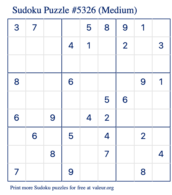 Free Printable Medium Sudoku Puzzle number 5326