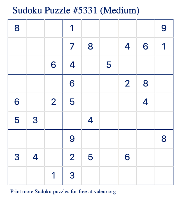 Free Printable Medium Sudoku Puzzle number 5331
