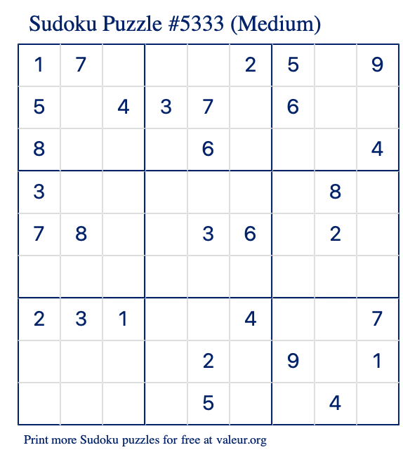 Free Printable Medium Sudoku Puzzle number 5333