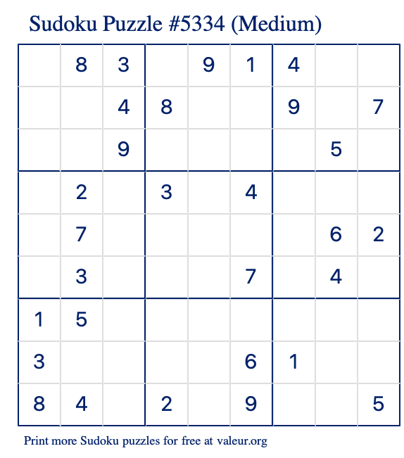 Free Printable Medium Sudoku Puzzle number 5334
