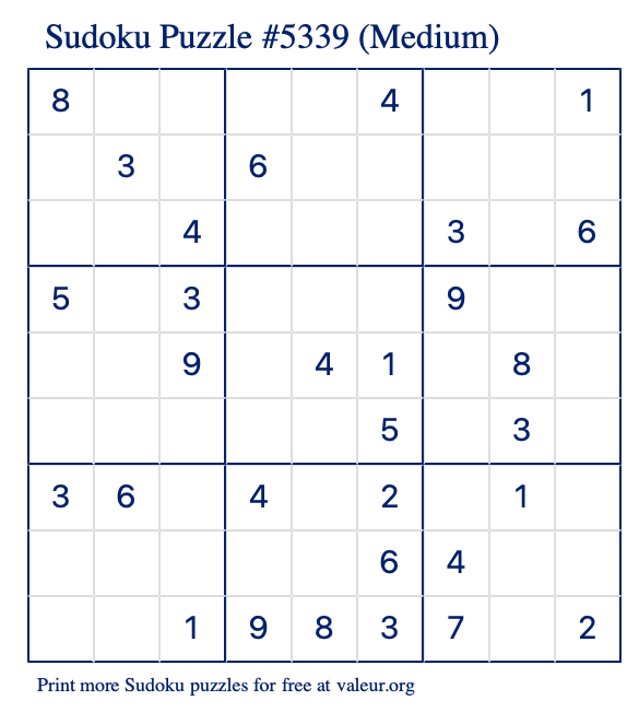 Free Printable Medium Sudoku Puzzle number 5339