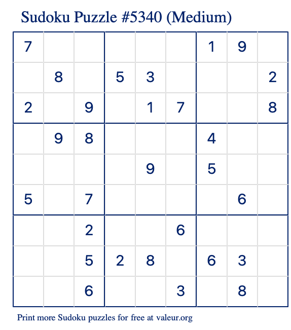 Free Printable Medium Sudoku Puzzle number 5340