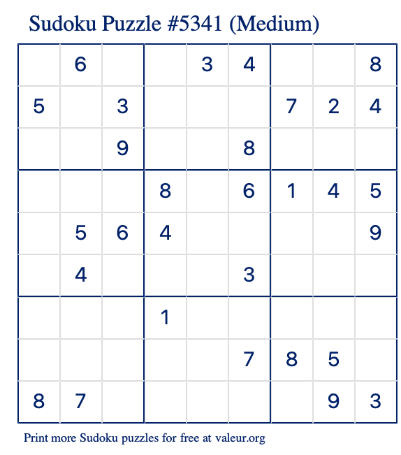 Free Printable Medium Sudoku Puzzle number 5341