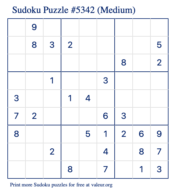 Free Printable Medium Sudoku Puzzle number 5342
