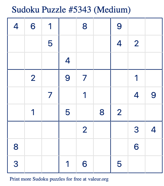 Free Printable Medium Sudoku Puzzle number 5343