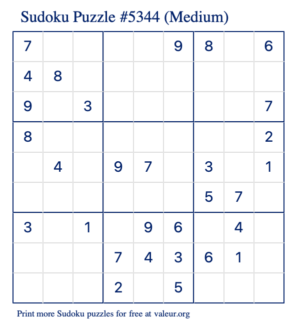 Free Printable Medium Sudoku Puzzle number 5344