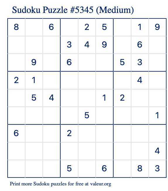 Free Printable Medium Sudoku Puzzle number 5345