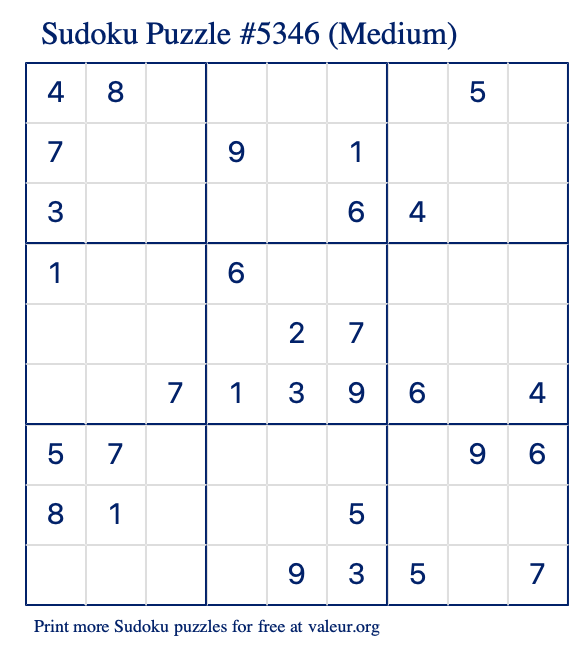 Free Printable Medium Sudoku Puzzle number 5346