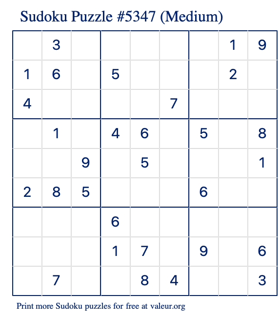 Free Printable Medium Sudoku Puzzle number 5347