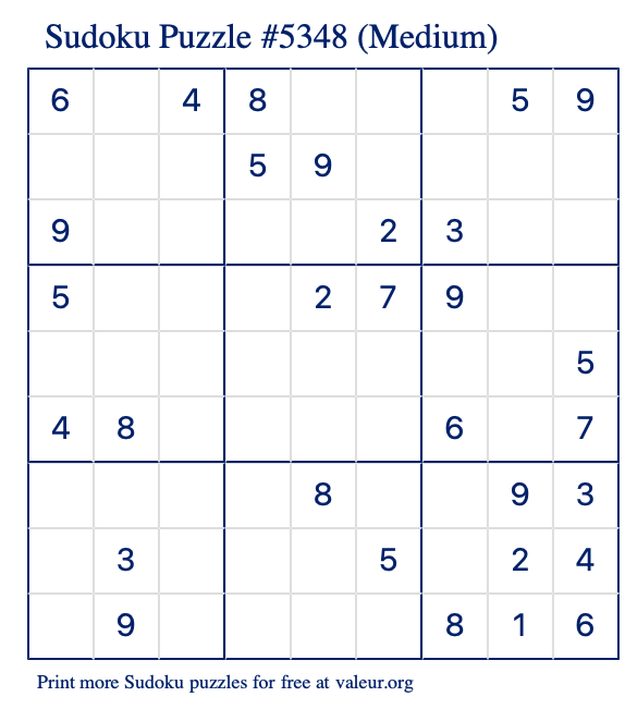 Free Printable Medium Sudoku Puzzle number 5348