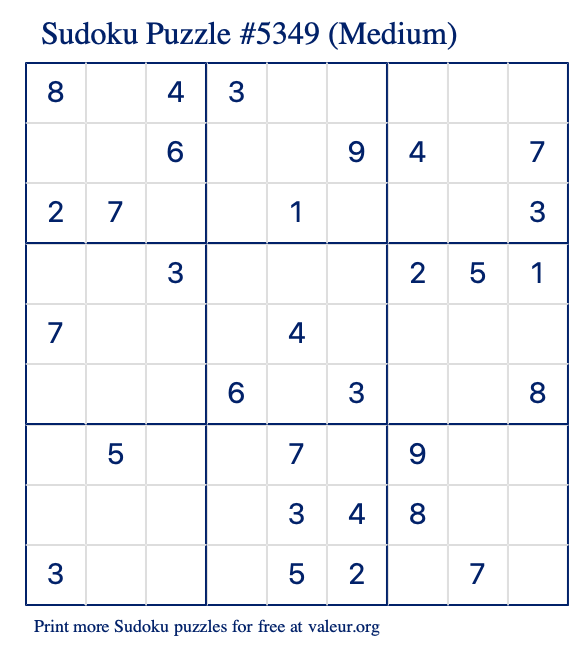 Free Printable Medium Sudoku Puzzle number 5349