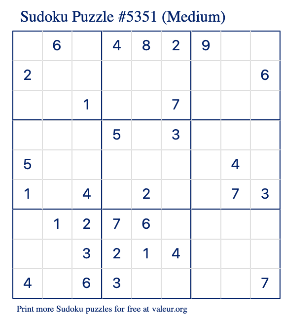 Free Printable Medium Sudoku Puzzle number 5351