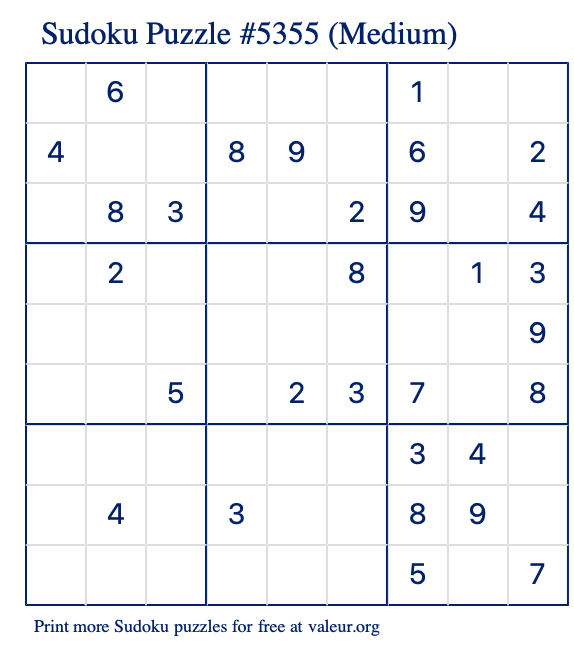 Free Printable Medium Sudoku Puzzle number 5355