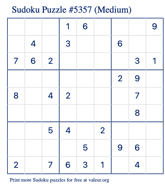 Free Printable Medium Sudoku Puzzle number 5357