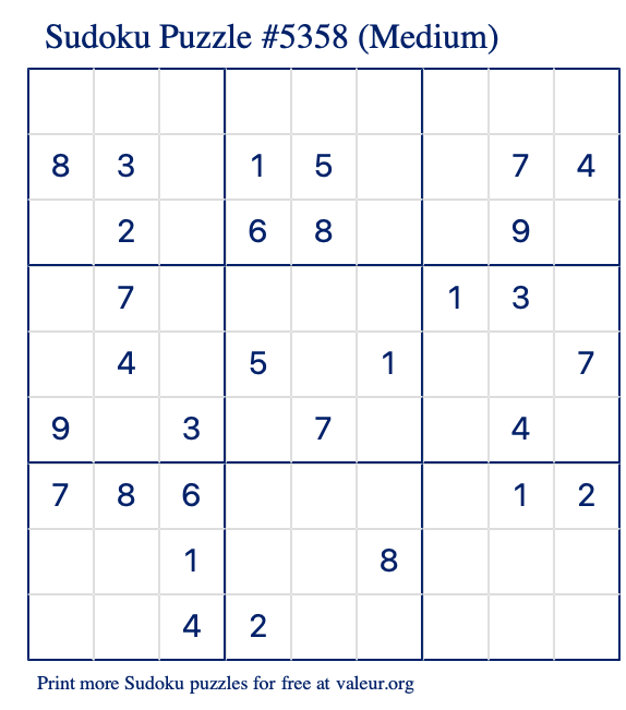 Free Printable Medium Sudoku Puzzle number 5358
