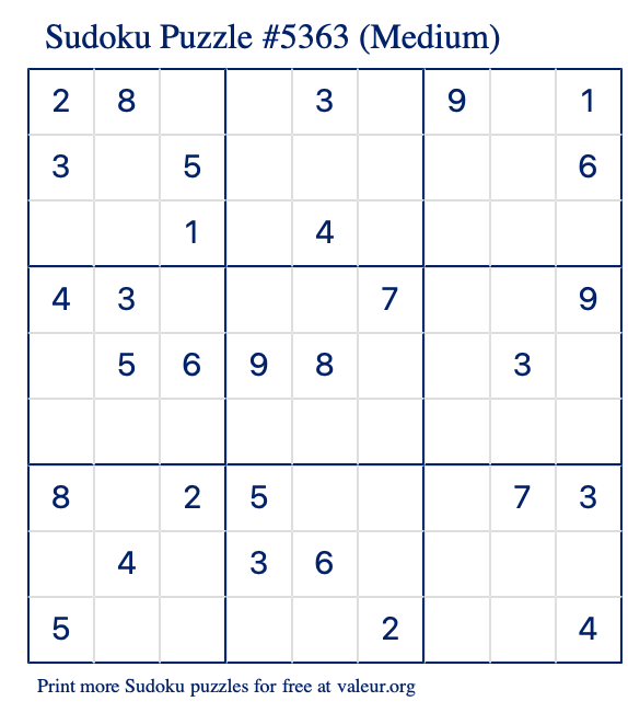 Free Printable Medium Sudoku Puzzle number 5363