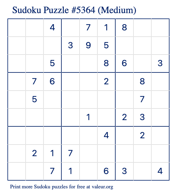 Free Printable Medium Sudoku Puzzle number 5364