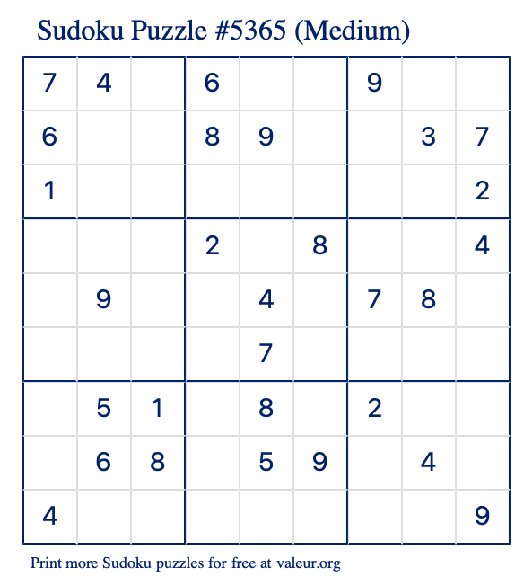 Free Printable Medium Sudoku Puzzle number 5365