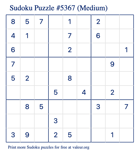 Free Printable Medium Sudoku Puzzle number 5367